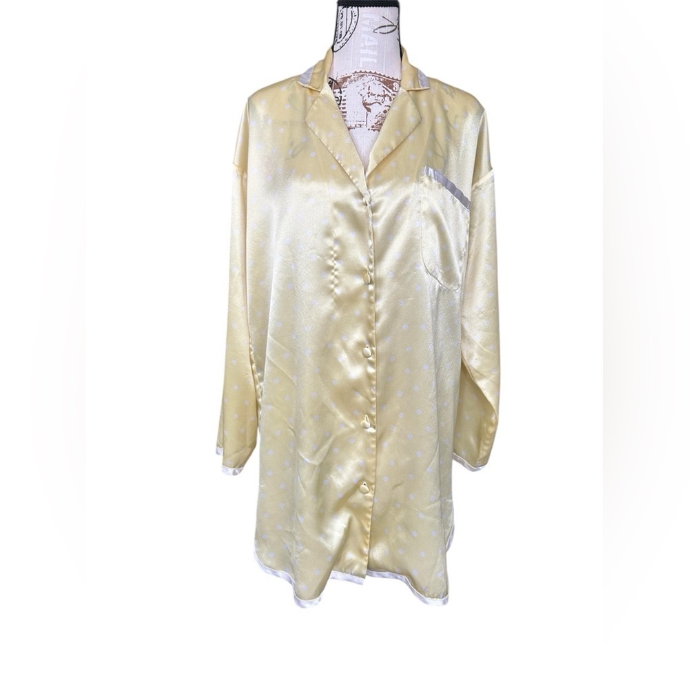 Victoria’s Secret Soft Yellow Satin w/white polka dots Oversized Pajama Shirt XS
